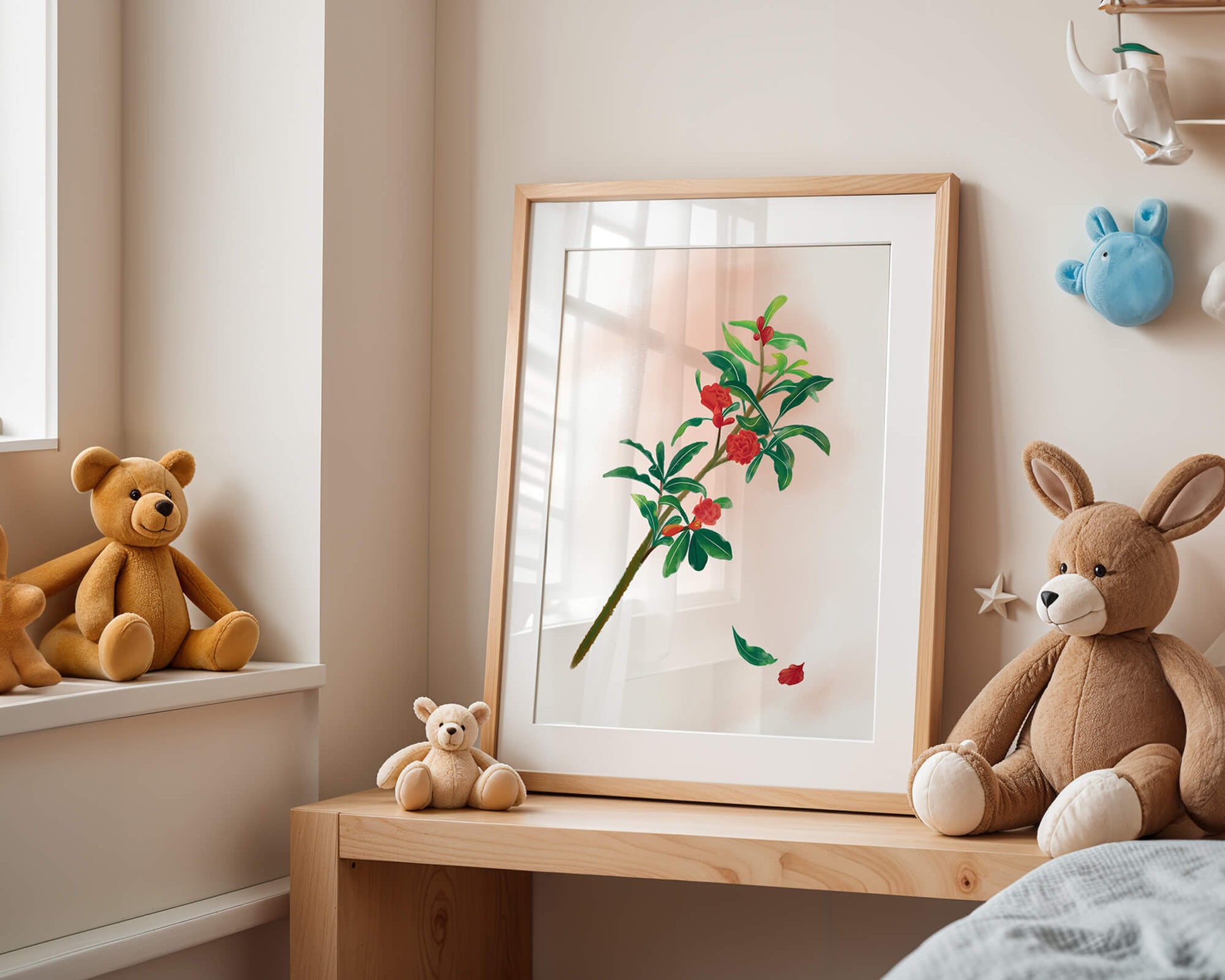 Detailed illustration of a flowering branch with vivid red blooms and lush green leaves