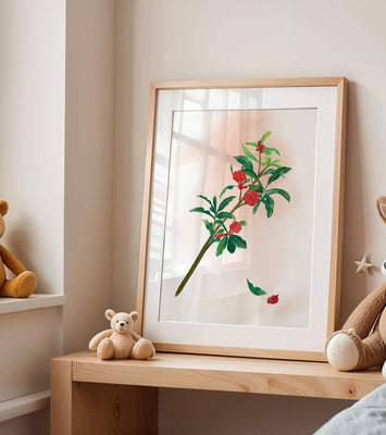 Detailed illustration of a flowering branch with vivid red blooms and lush green leaves