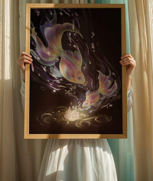Colorful Koi Fish in a Dreamlike Underwater Scene with Illuminated Elements