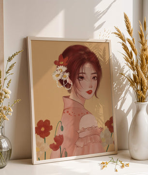 Portrait élégant d'une femme avec des ornements floraux et une expression douce