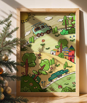 Colorful cartoon landscape with vehicles and nature scene