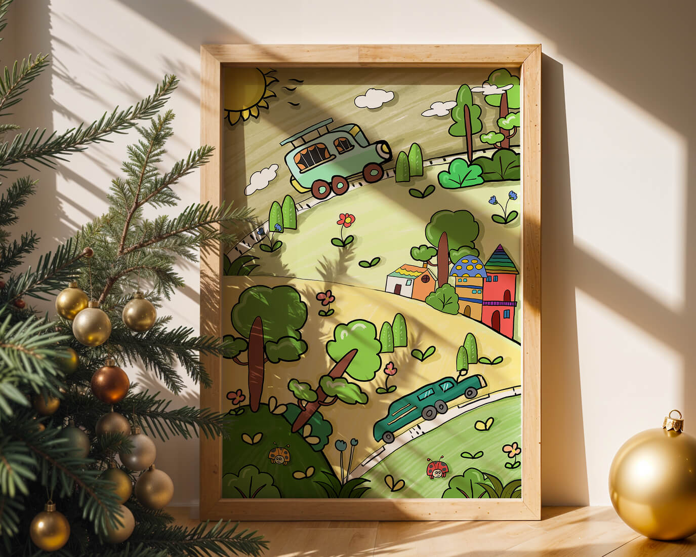 Colorful cartoon landscape with vehicles and nature scene