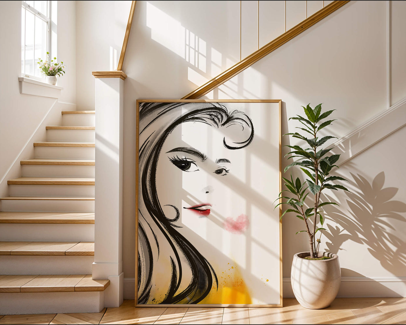 Elegant portrait sketch with red lips and a heart motif