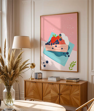 Bunte Dessertillustration mit Erdbeeren und Blaubeeren auf pastellfarbenem Hintergrund