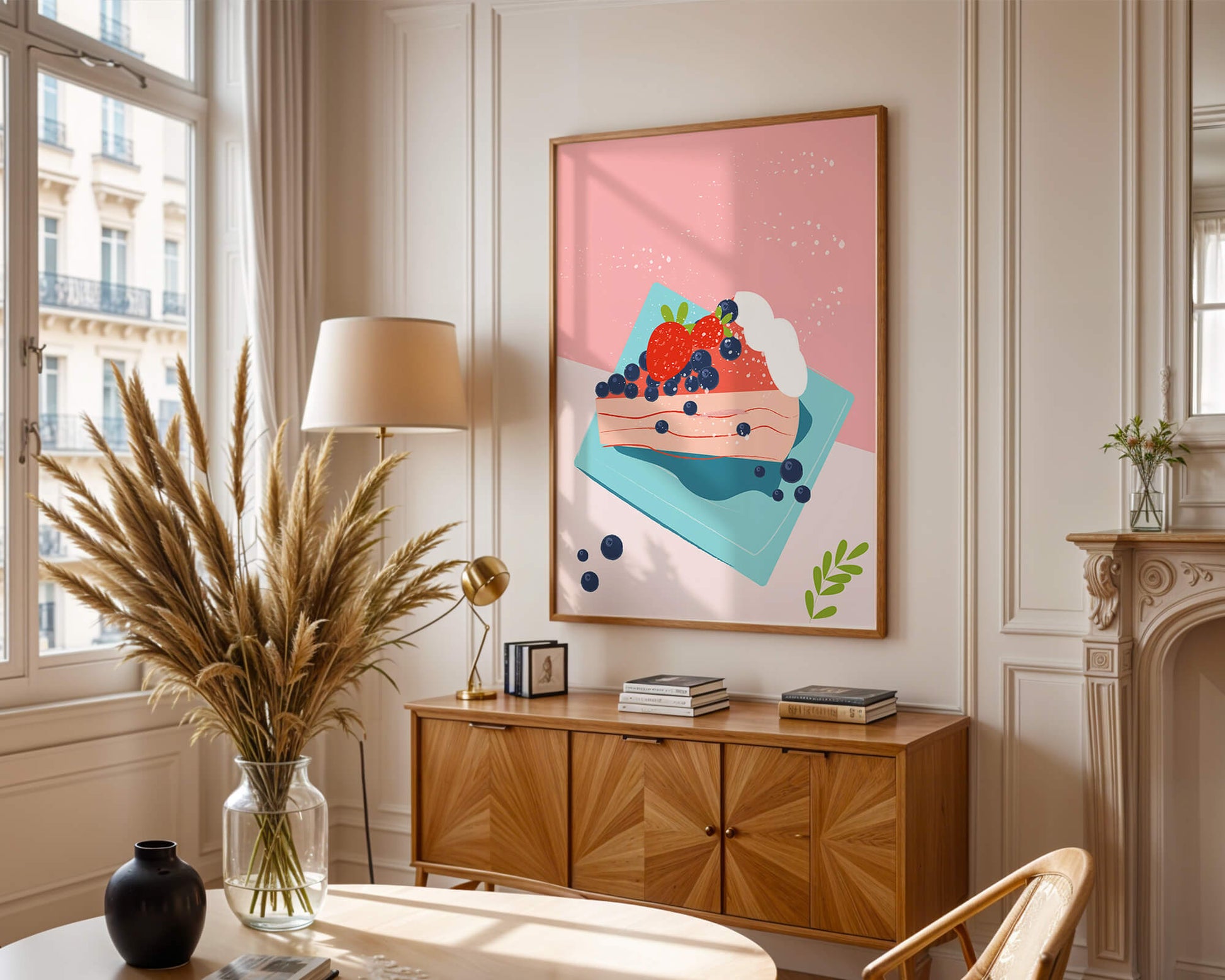 Bunte Dessertillustration mit Erdbeeren und Blaubeeren auf pastellfarbenem Hintergrund