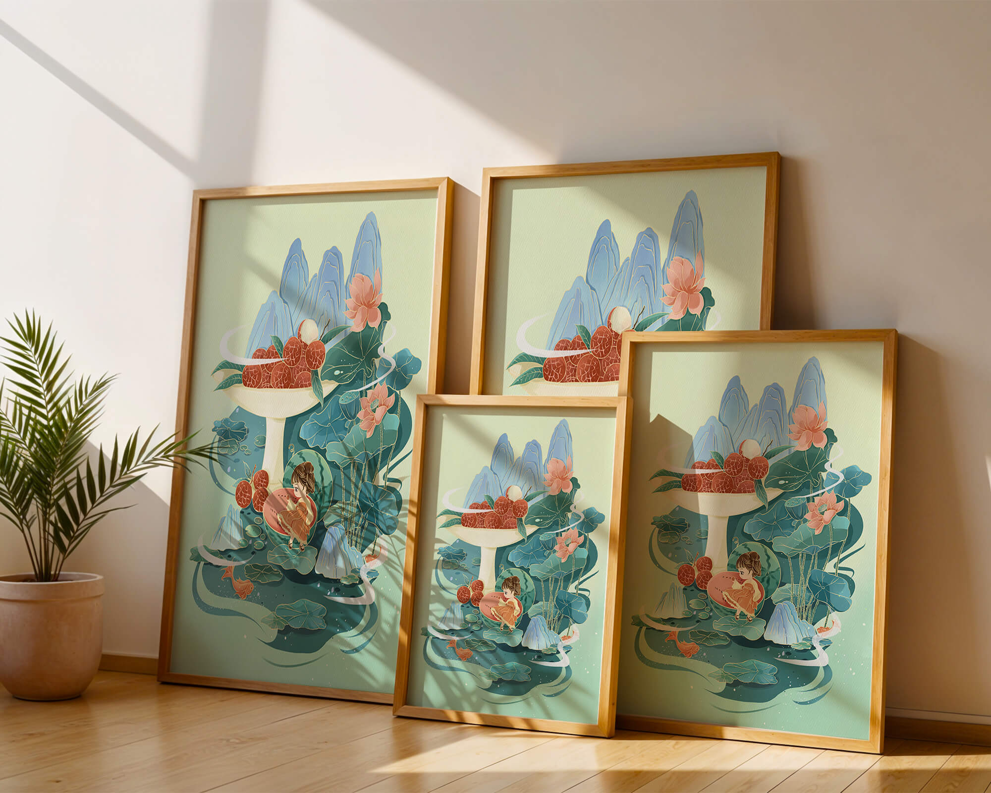 Whimsical illustration with girl, lychee, and lotus flowers