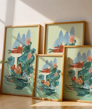 Whimsical illustration with girl, lychee, and lotus flowers