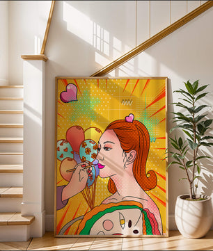 Retrato de mujer en arte pop colorido con globos y patrones vibrantes