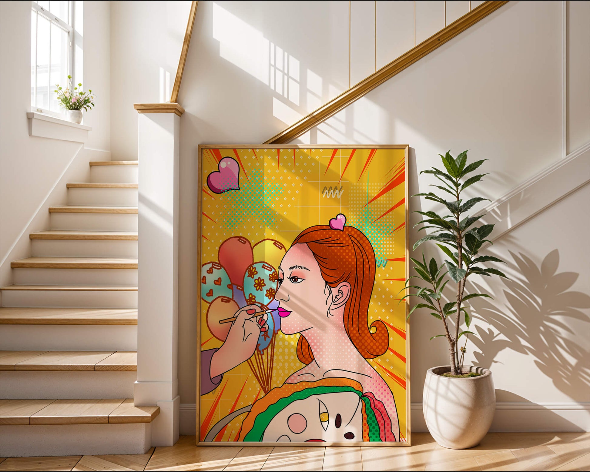 Colorful pop art woman portrait with balloons and vibrant patterns