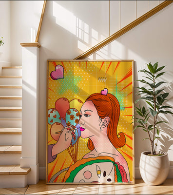 Colorful pop art woman portrait with balloons and vibrant patterns