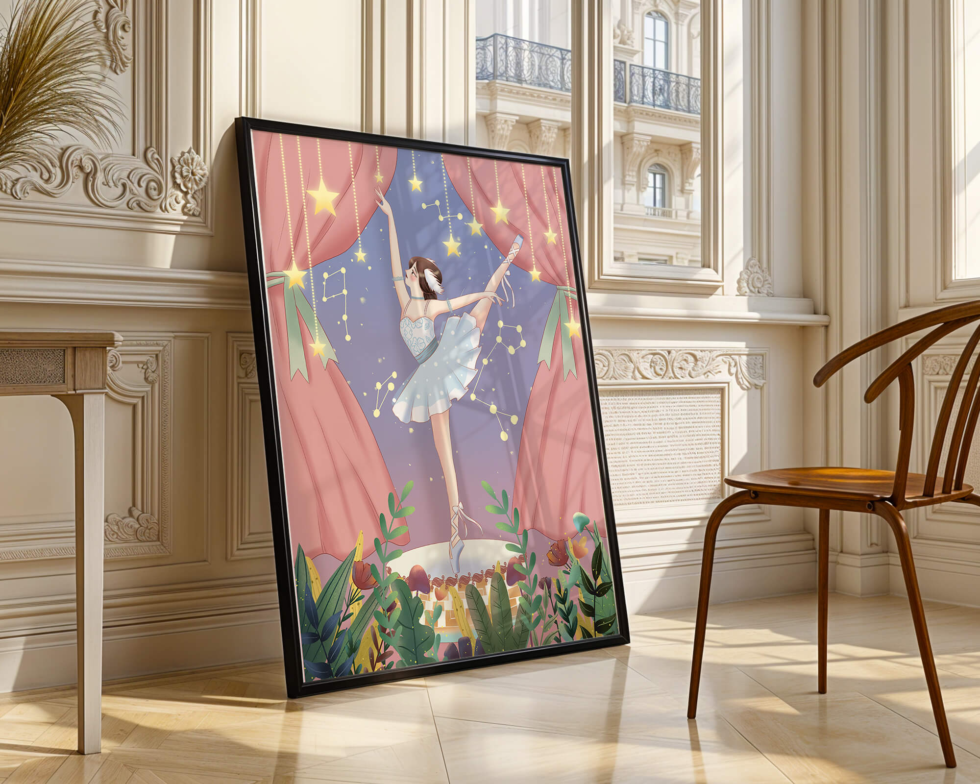 Graceful ballerina performing under starry sky on stage