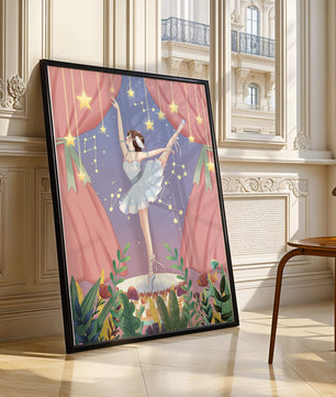 Graceful ballerina performing under starry sky on stage