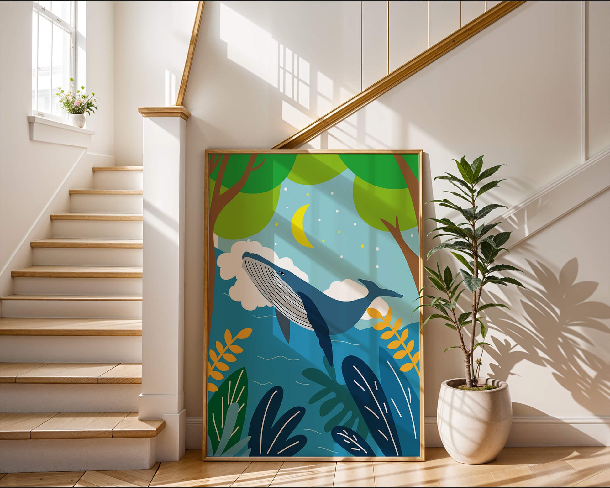 Illustration of a whale in a colorful forest scene with moon and plants