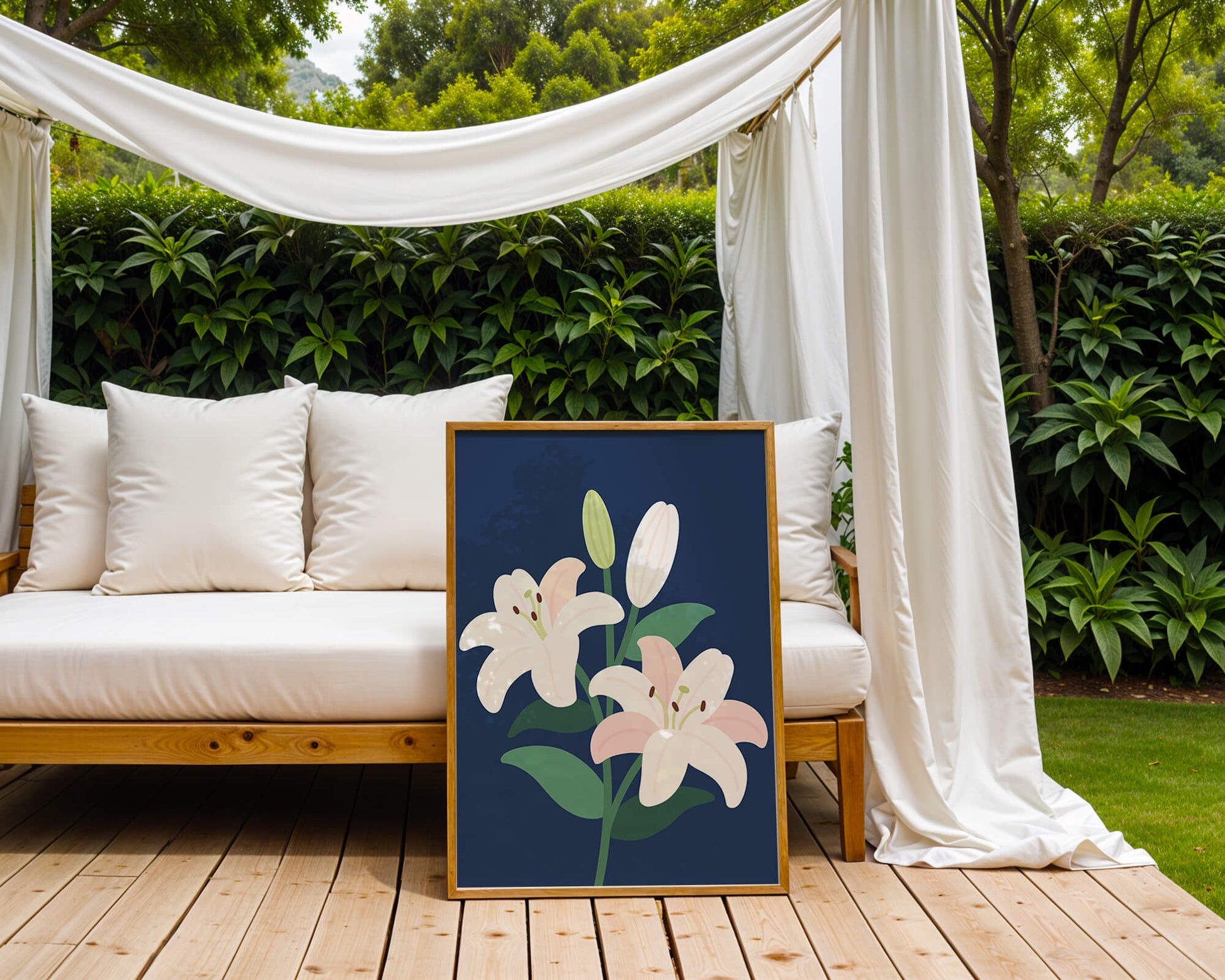 Lirios elegantes sobre un fondo azul oscuro