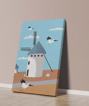 Windmill Landscape with Birds in a Minimalist Style