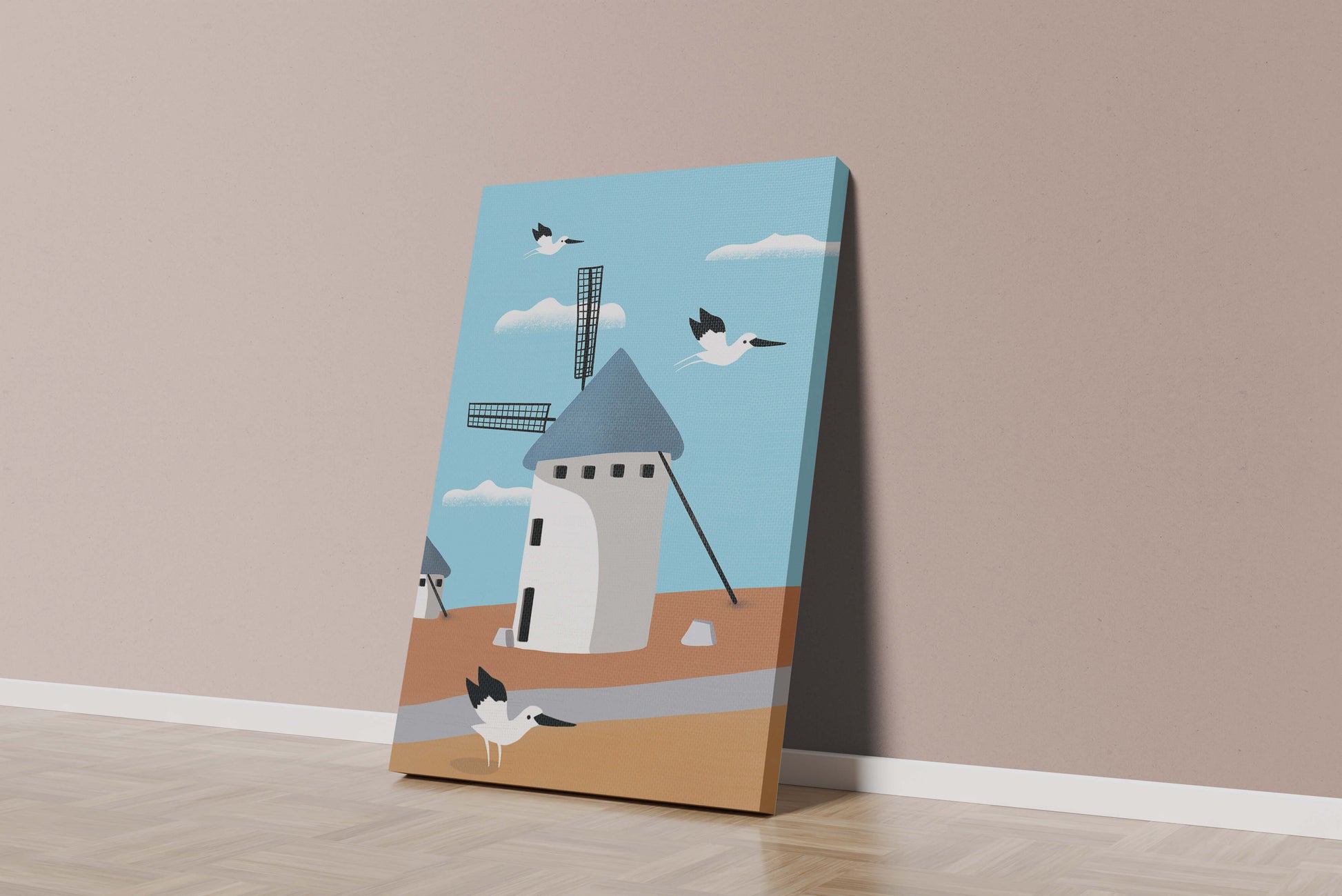 Paisaje de molino de viento con pájaros en estilo minimalista