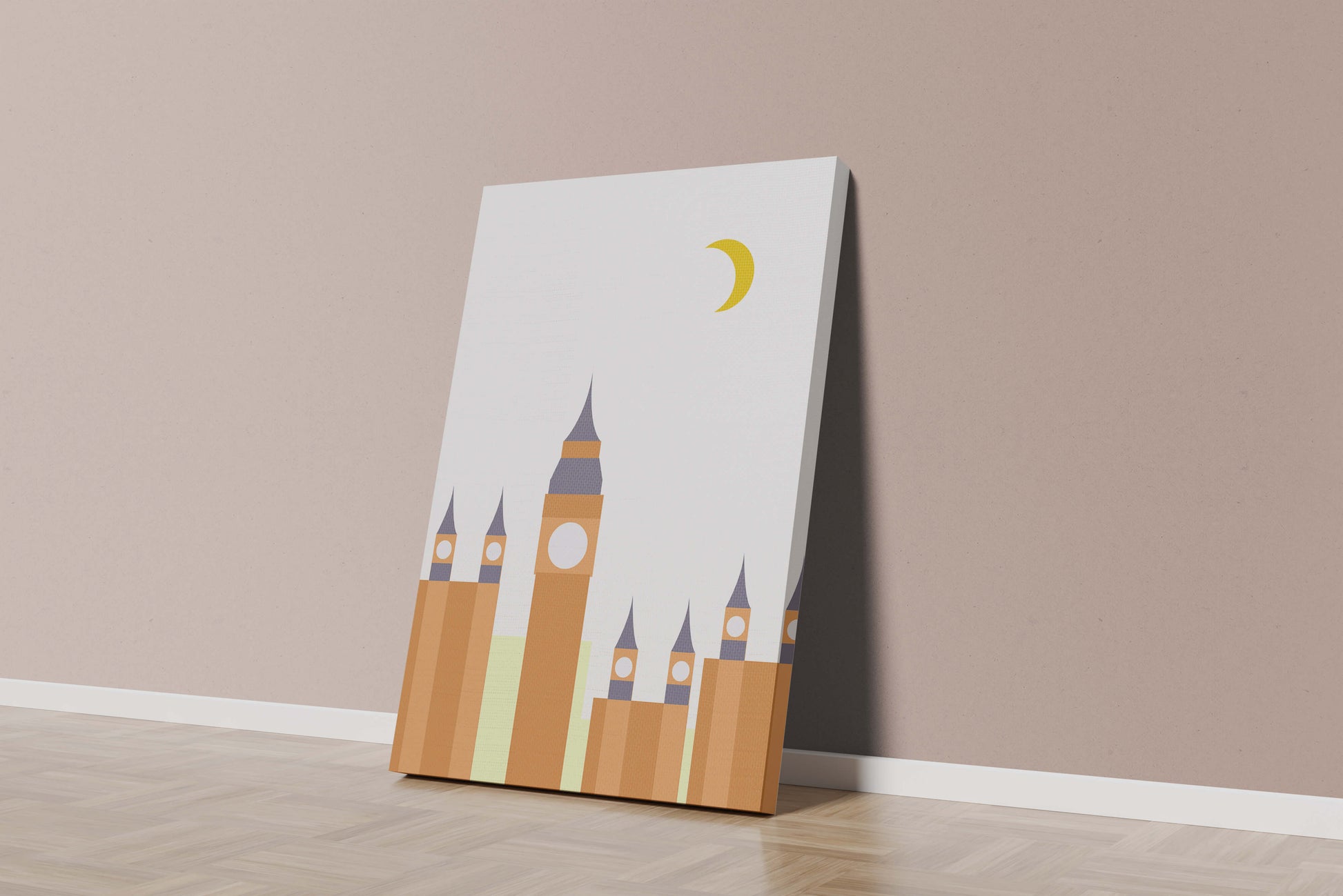 Minimalist illustration of iconic clock tower with crescent moon
