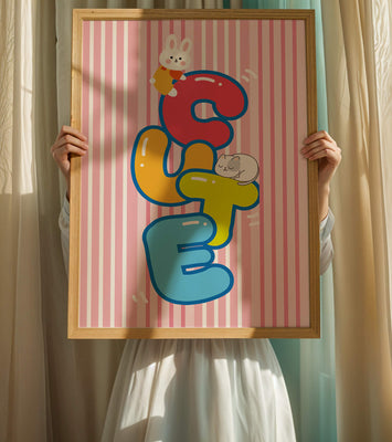 Playful cute illustration with bunny and kitten on colorful letters