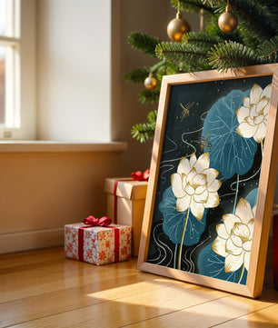 Elegant lotus flowers with dragonflies on a starry night background