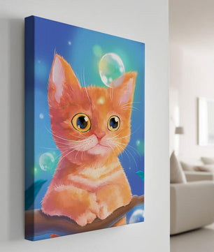 Adorable orange kitten illustration with bubbles and a colorful background