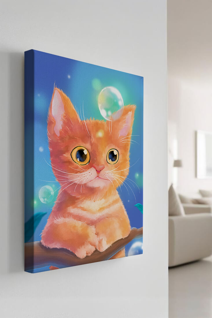 Adorable orange kitten illustration with bubbles and a colorful background