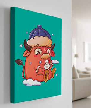 Winter cow cartoon with snowman on turquoise background