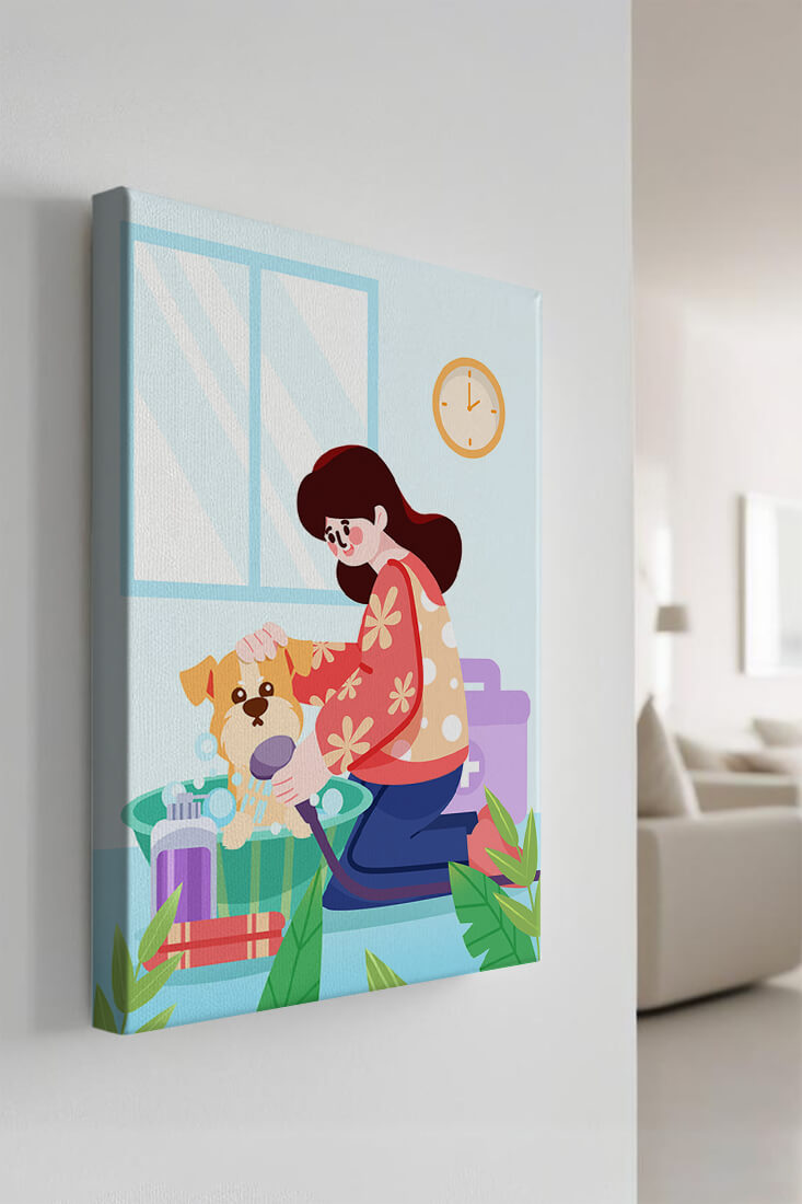 Woman giving a bath to a dog in a colorful bathroom setting