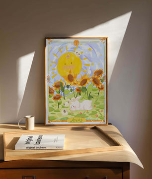Ilustración encantadora de Aries con animales juguetones y girasoles