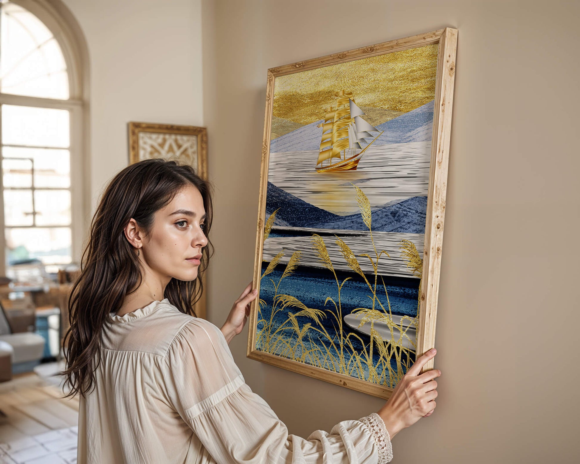 Golden Sailboat on Blue and Gold Landscape