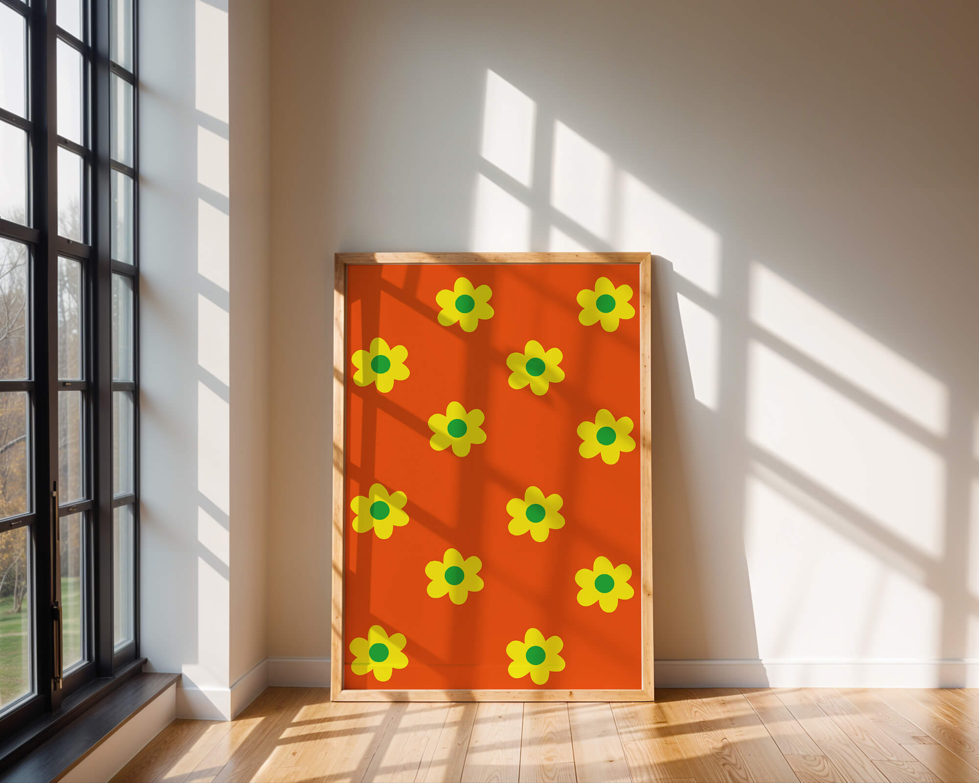 Colorful floral pattern with yellow flowers on orange background