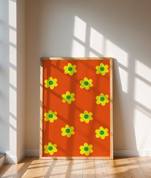 Buntes Blumenmuster mit gelben Blumen auf orangefarbenem Hintergrund