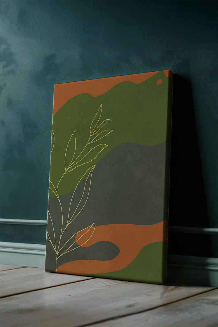 Abstrakte botanische Kunst mit Goldblatt auf buntem Hintergrund