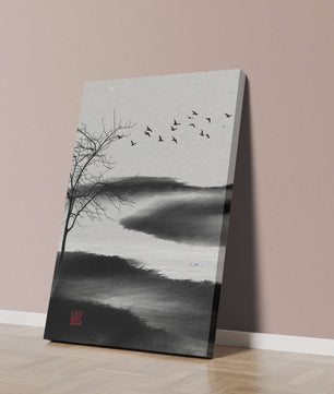 Minimalist Landscape with Silhouetted Tree and Birds