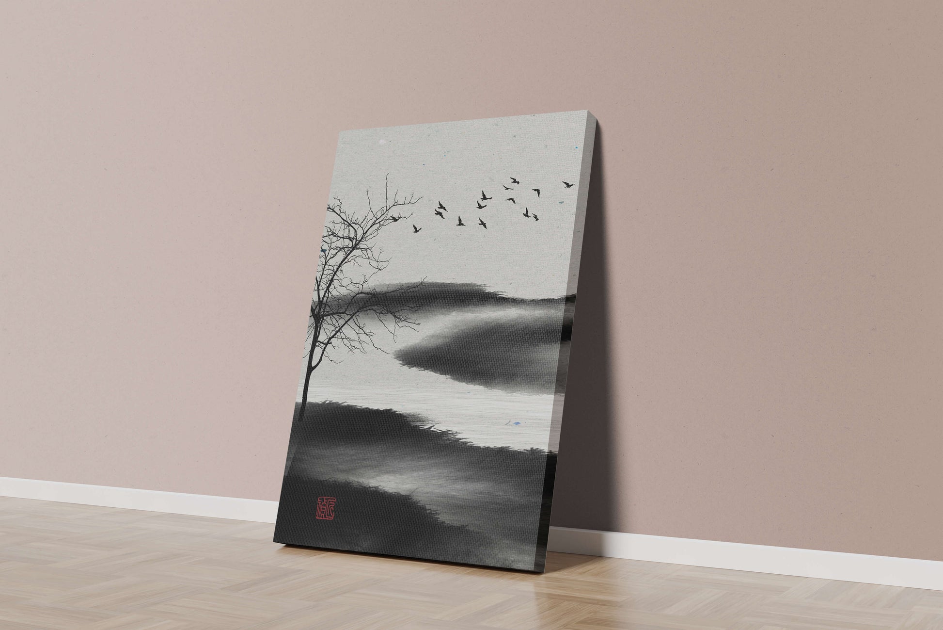 Paisaje minimalista con siluetas de árboles y pájaros