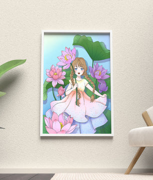 Illustration fantaisiste d'une jeune fille aux cheveux tressés parmi des fleurs de lotus