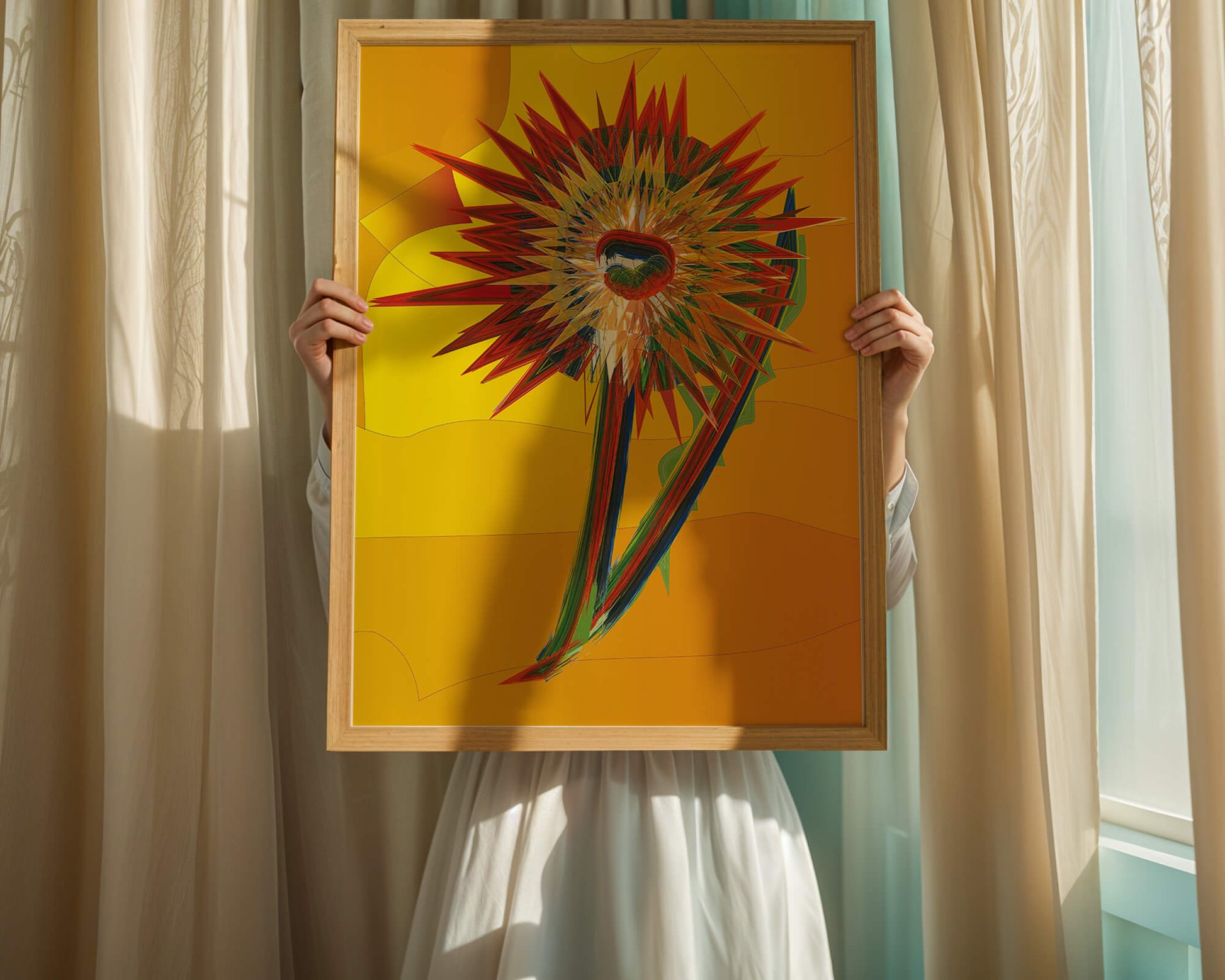 Abstract vibrant sunflower art with dynamic geometric shapes