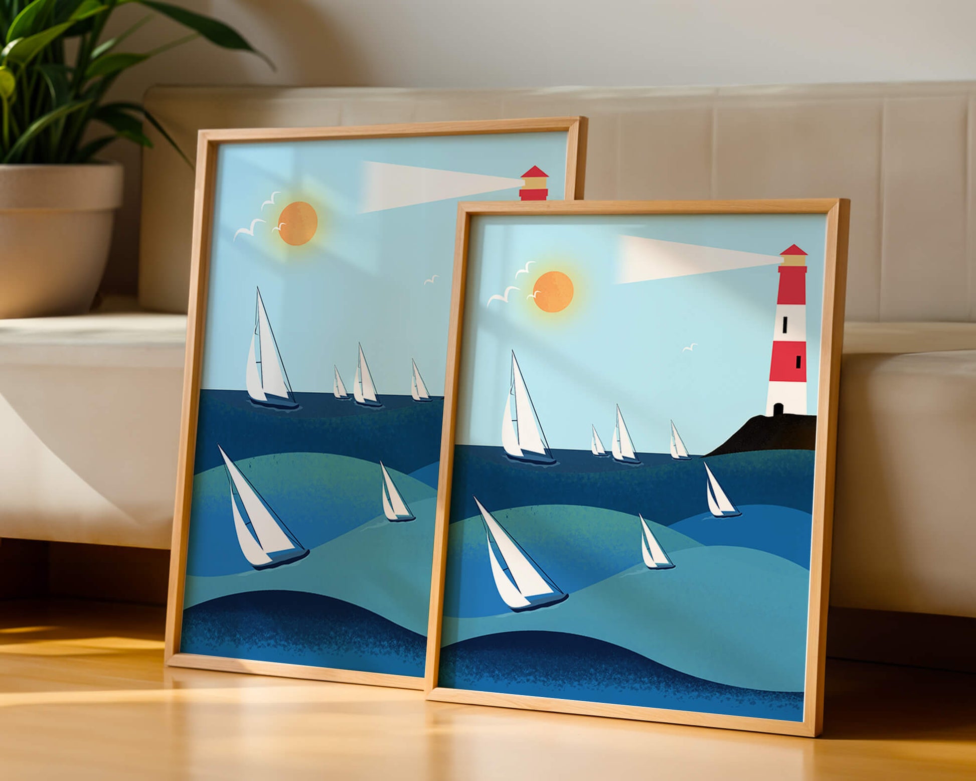 Coastal scene with sailboats and lighthouse on a bright sunny day