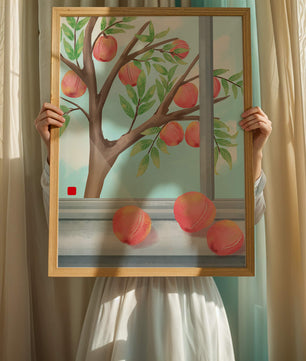 Peach tree outside a window with ripe peaches and sunny sky