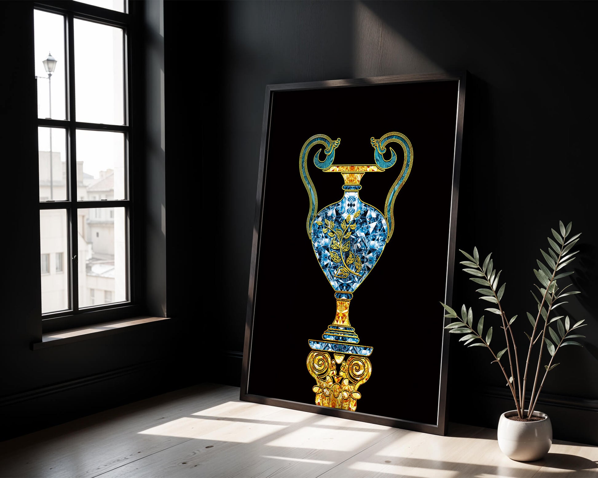 Elegante jarrón con incrustaciones de joyas y detalles dorados y azules sobre fondo negro