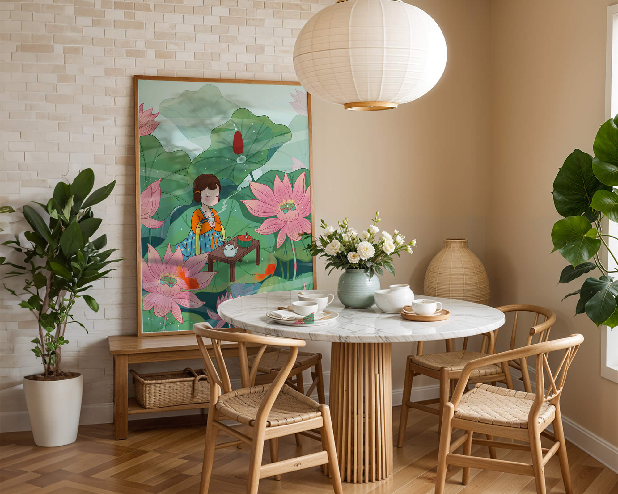 Serene illustration of a girl enjoying tea among lotus flowers