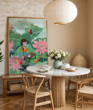 Serene illustration of a girl enjoying tea among lotus flowers