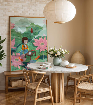 Serene illustration of a girl enjoying tea among lotus flowers