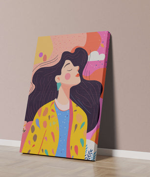 Ilustración colorida de una mujer en estilo artístico con fondo vibrante