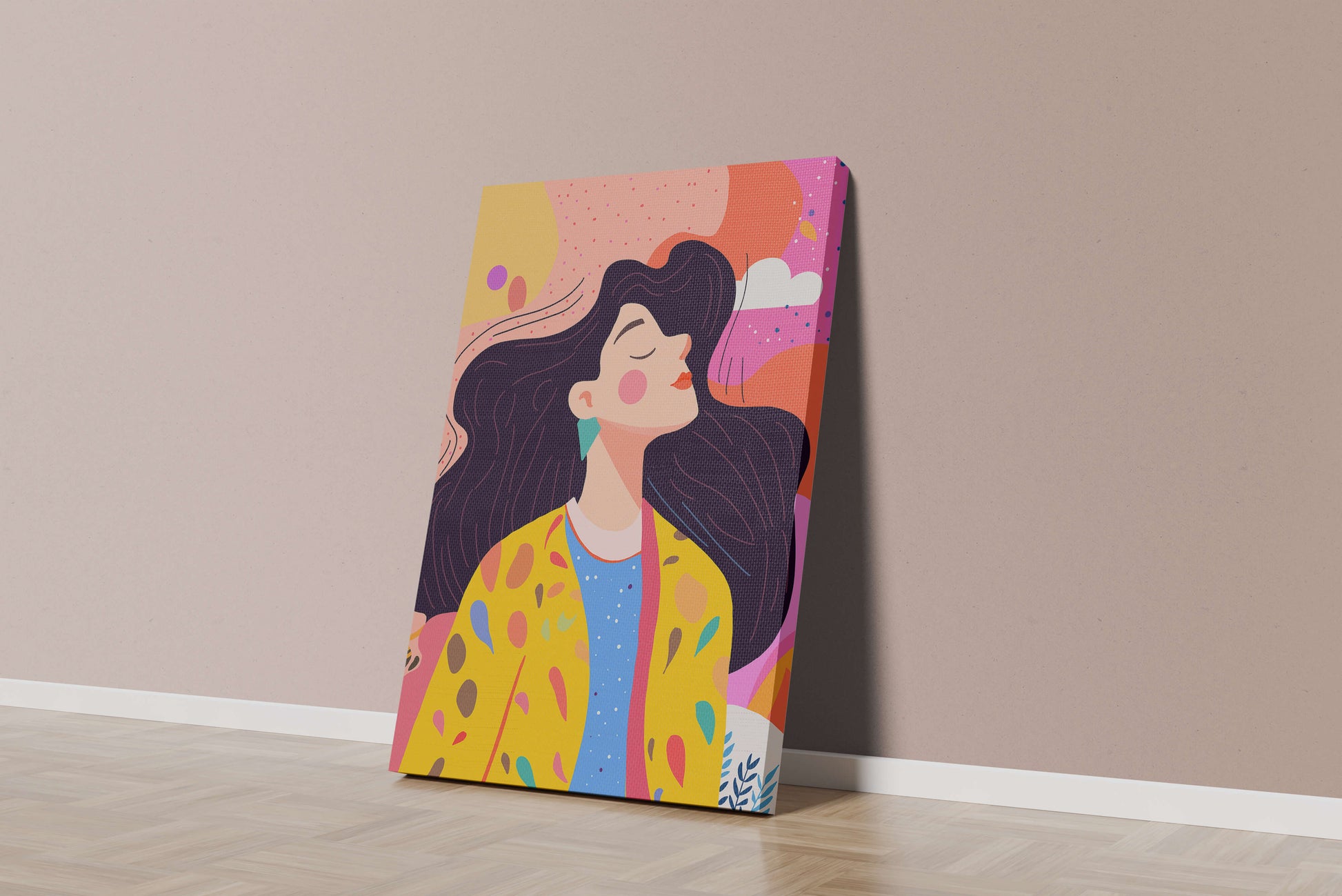 Ilustración colorida de una mujer en estilo artístico con fondo vibrante