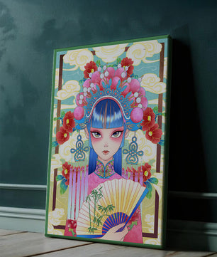 Ilustración elegante inspirada en el arte asiático con tocado elaborado y motivos florales