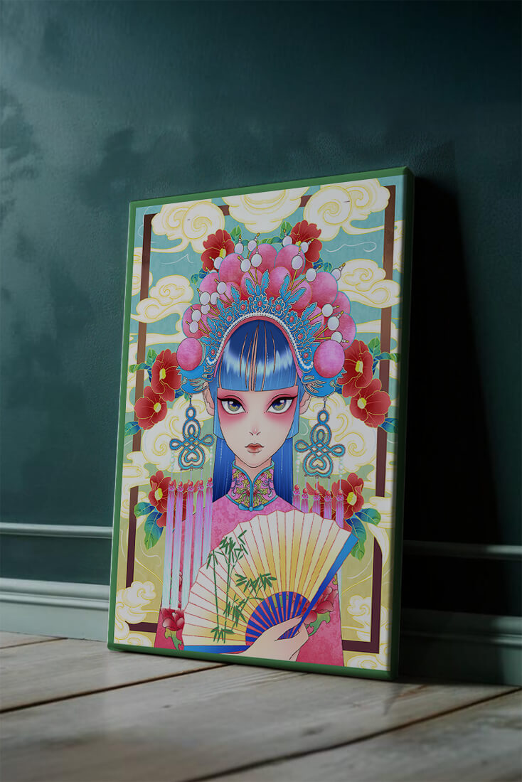 Ilustración elegante inspirada en el arte asiático con tocado elaborado y motivos florales