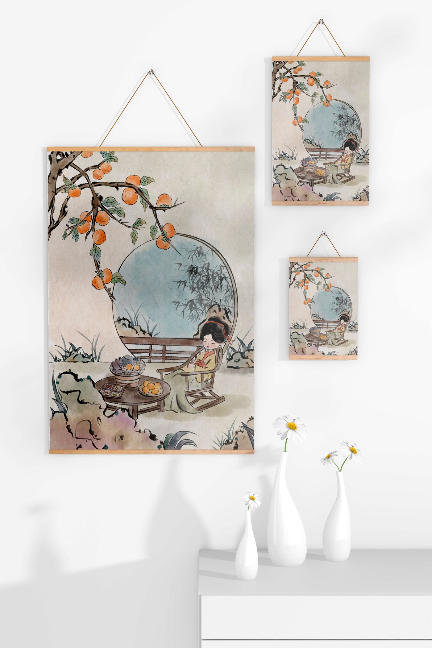 Tranquil garden scene with persimmons and serene figure