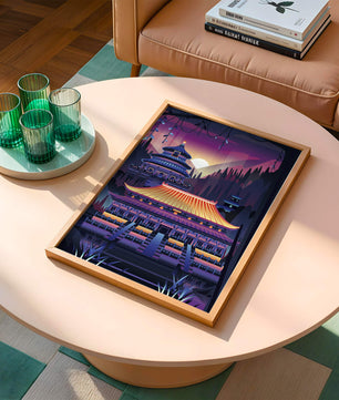 Neon Asian Temple at Sunset in Stylized Landscape