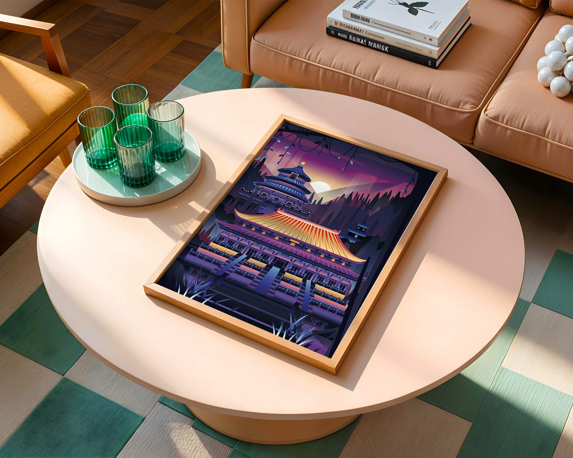 Neon Asian Temple at Sunset in Stylized Landscape