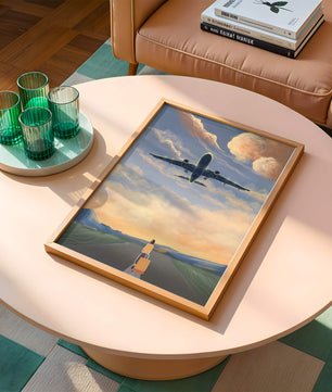 Serene airport departure with airplane and traveler at sunset